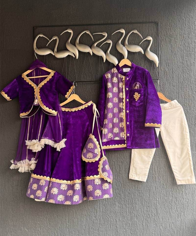 Purple embroidered velvet kurta pyjama