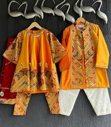 Yellow embroidered cotton silk kurta pyjama