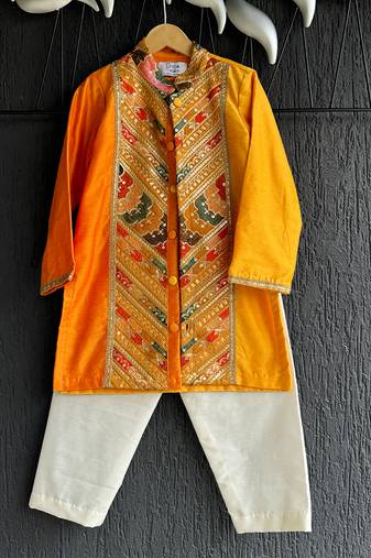 Yellow embroidered cotton silk kurta pyjama