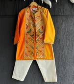 Yellow embroidered cotton silk kurta pyjama