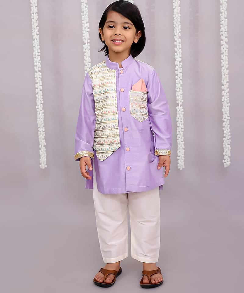 Purple embroidered cotton silk kurta pyjama