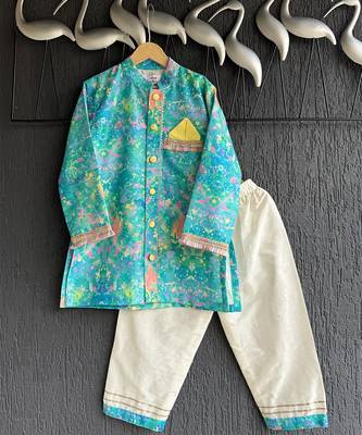 Multicolor printed cotton silk Boy's Kurta Pyjama 1