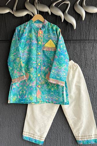 Multicolor printed cotton silk kurta pyjama