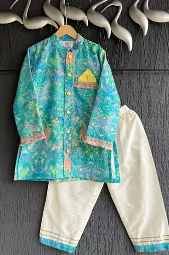 Multicolor printed cotton silk kurta pyjama