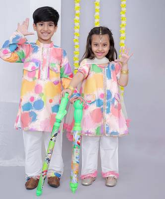 Multicolor printed cotton silk Boy's Kurta Pyjama 2
