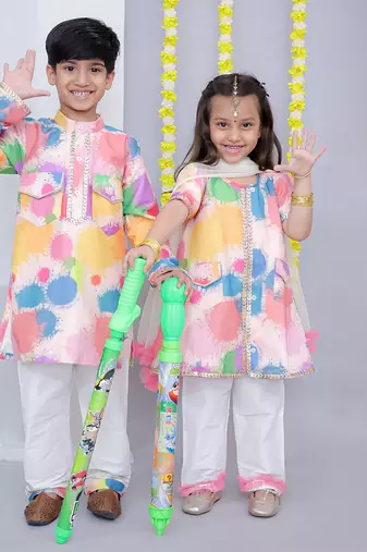 Multicolor printed cotton silk Boy's Kurta Pyjama