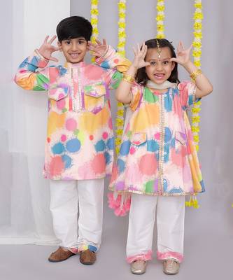 Multicolor printed cotton silk Boy's Kurta Pyjama 3