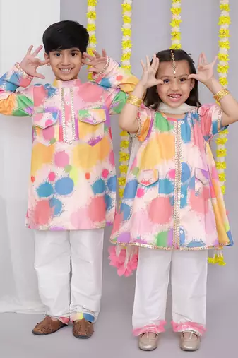 Multicolor printed cotton silk Boy's Kurta Pyjama