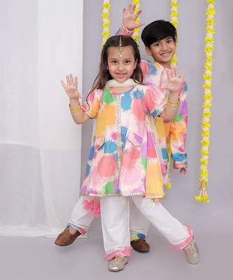 Multicolor printed cotton silk Boy's Kurta Pyjama 4