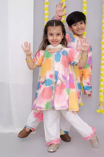 Multicolor printed cotton silk Boy's Kurta Pyjama