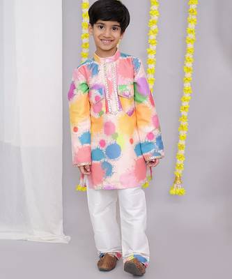 Multicolor printed cotton silk Boy's Kurta Pyjama 1