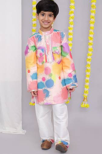 Multicolor printed cotton silk kurta pyjama
