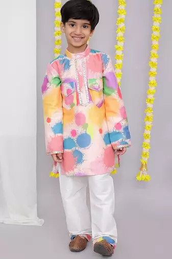 Multicolor printed cotton silk kurta pyjama