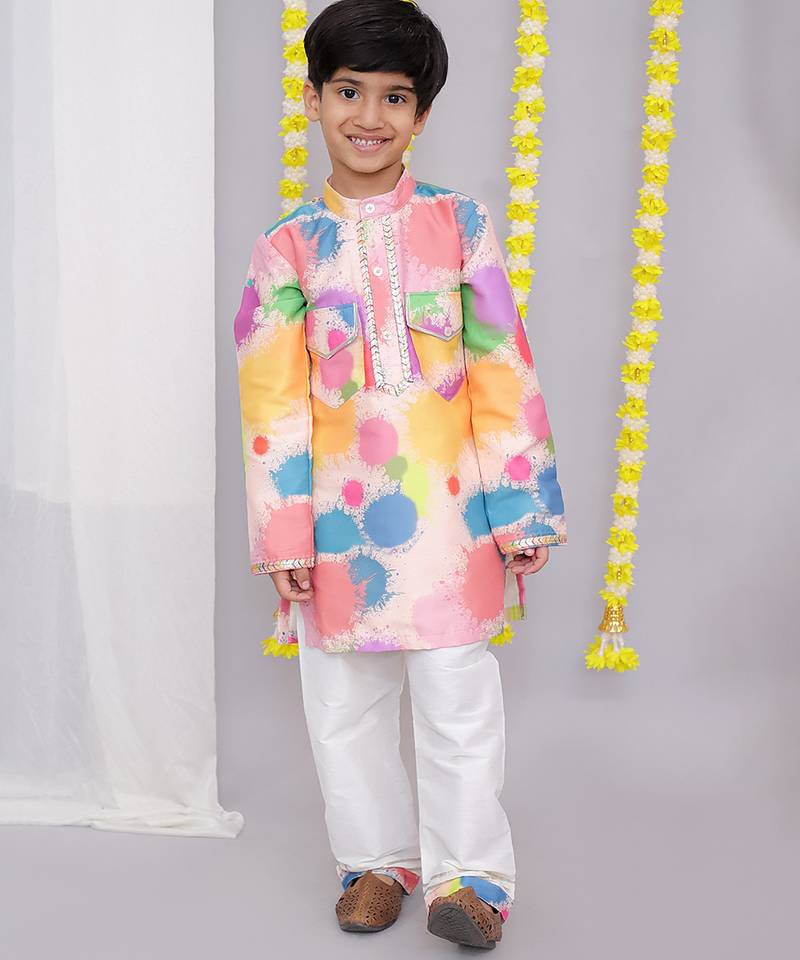 Multicolor printed cotton silk kurta pyjama