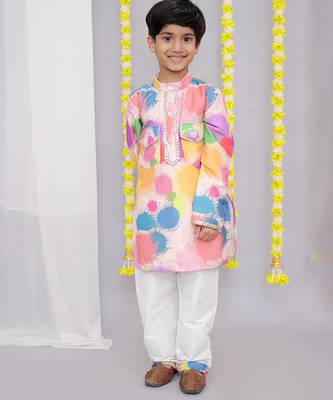 Multicolor printed cotton silk Boy's Kurta Pyjama 5