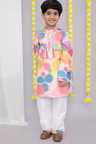 Multicolor printed cotton silk Boy's Kurta Pyjama