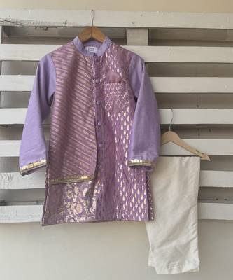 Purple printed cotton silk Boy's Kurta Pyjama 1