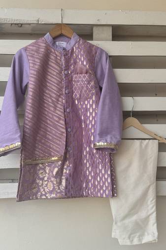 Purple printed cotton silk kurta pyjama