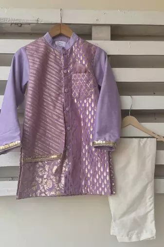 Purple printed cotton silk kurta pyjama