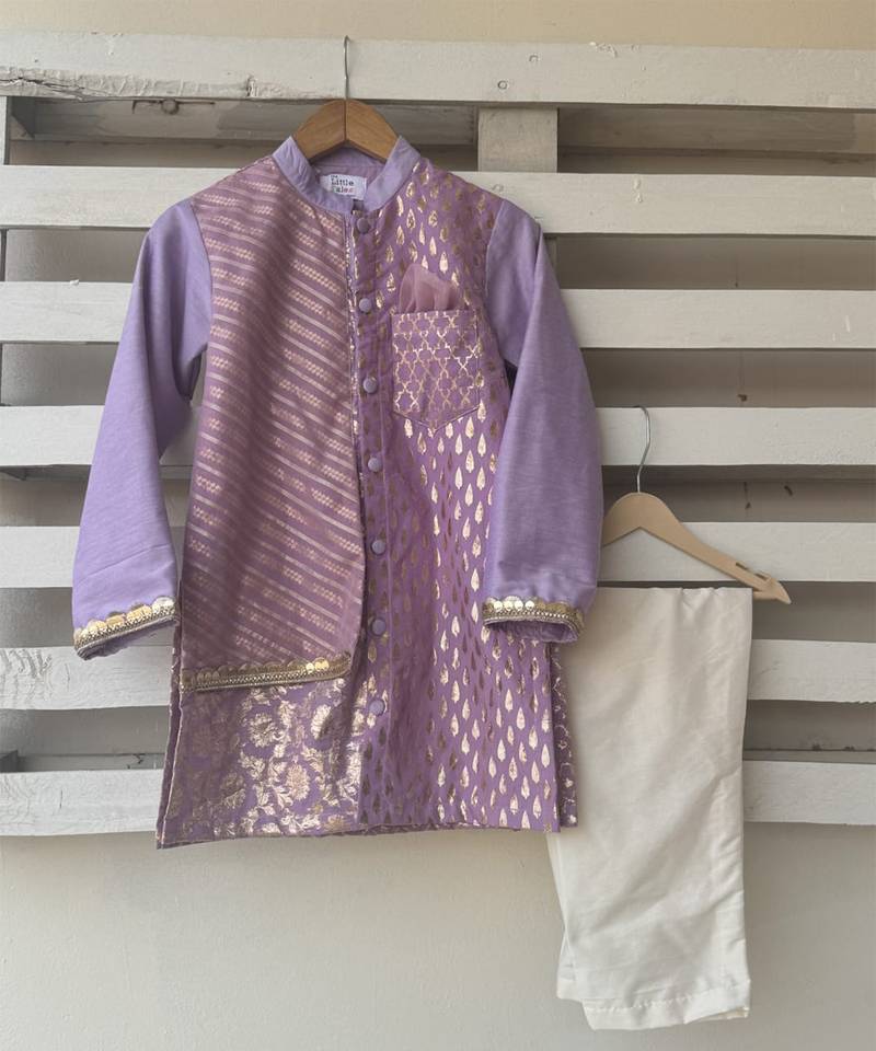 Purple printed cotton silk kurta pyjama