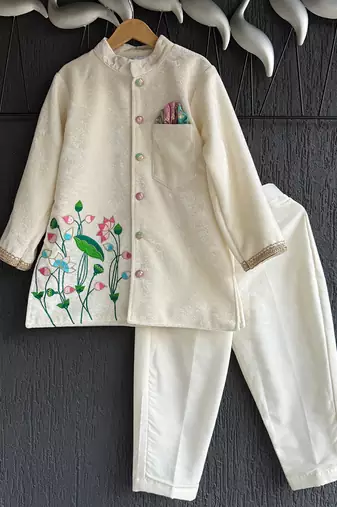 White embroidered cotton silk bandhgala set
