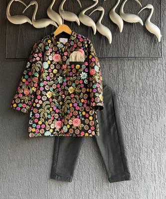 Multicolor embroidered cotton silk Boy's Bandhgala and Pant 1