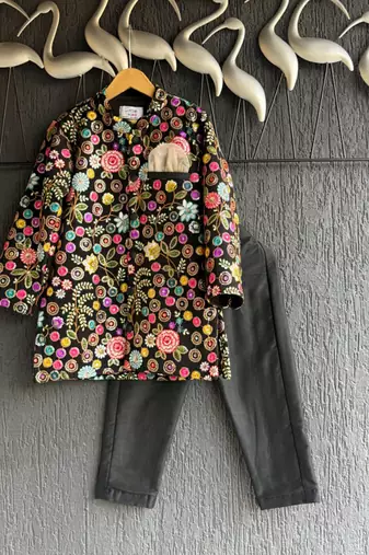 Multicolor embroidered cotton silk bandhgala set