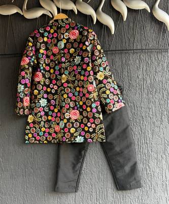 Multicolor embroidered cotton silk Boy's Bandhgala and Pant 2