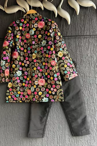 Multicolor embroidered cotton silk Boy's Bandhgala and Pant