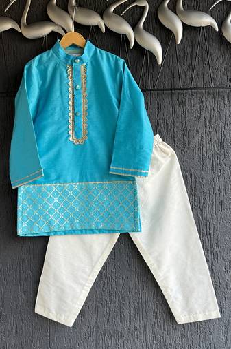 Blue embroidered cotton silk kurta pyjama