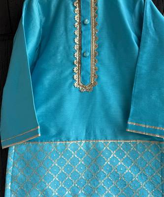 Blue embroidered cotton silk Boy's Kurta Pyjama 2