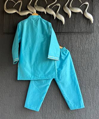 Blue embroidered cotton silk Boy's Kurta Pyjama 5