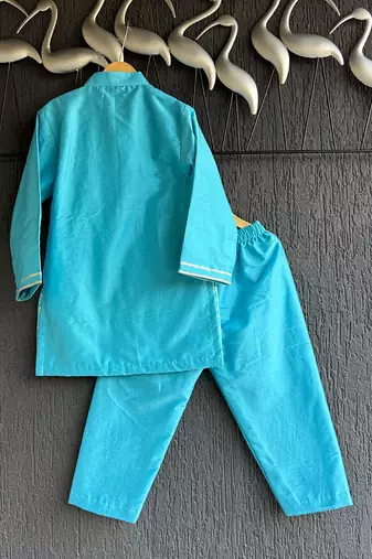 Blue embroidered cotton silk Boy's Kurta Pyjama
