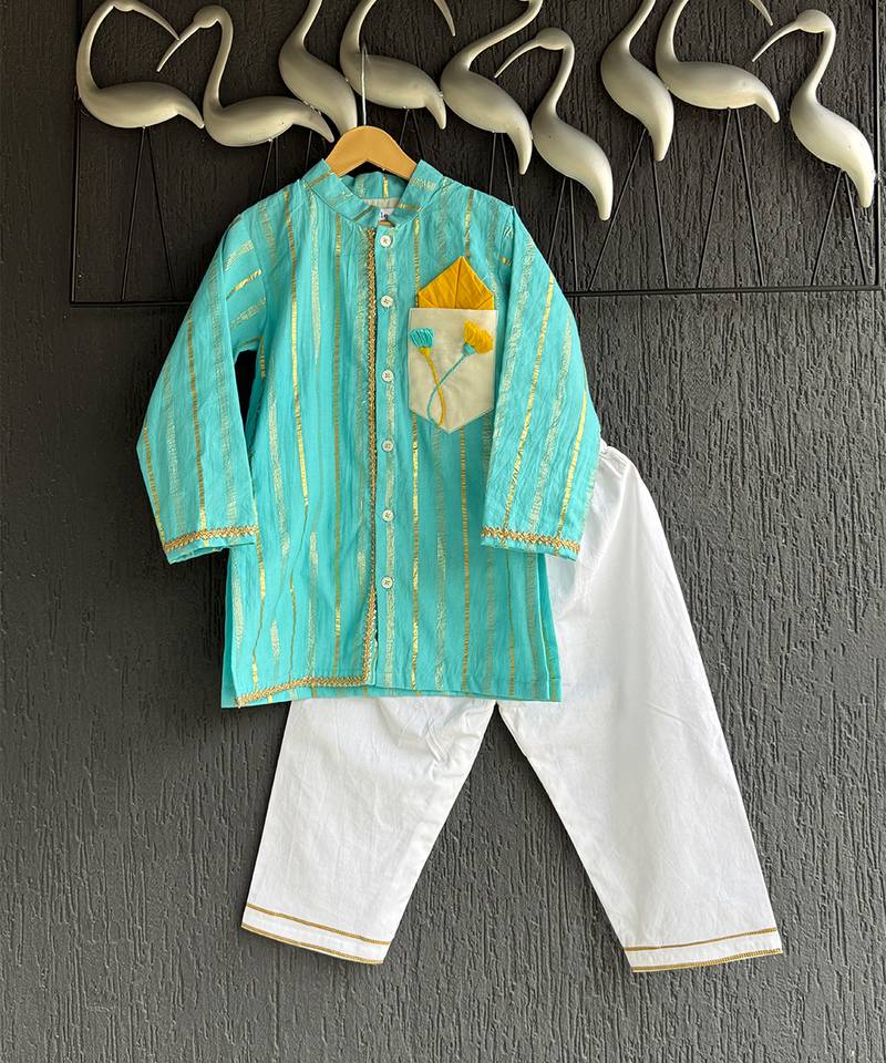 Blue embroidered cotton silk kurta pyjama