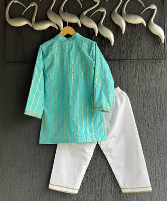 Blue embroidered cotton silk Boy's Kurta Pyjama 3