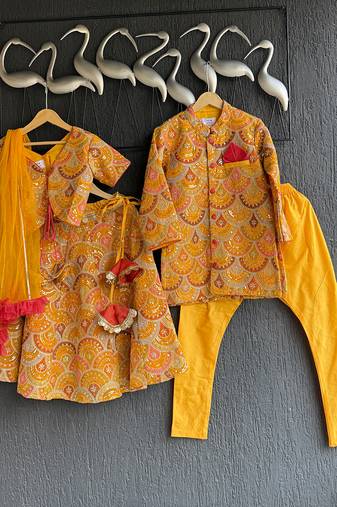 Yellow embroidered cotton silk bandhgala set