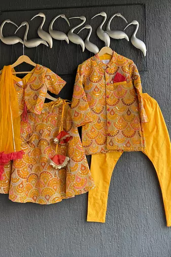 Yellow embroidered cotton silk bandhgala set