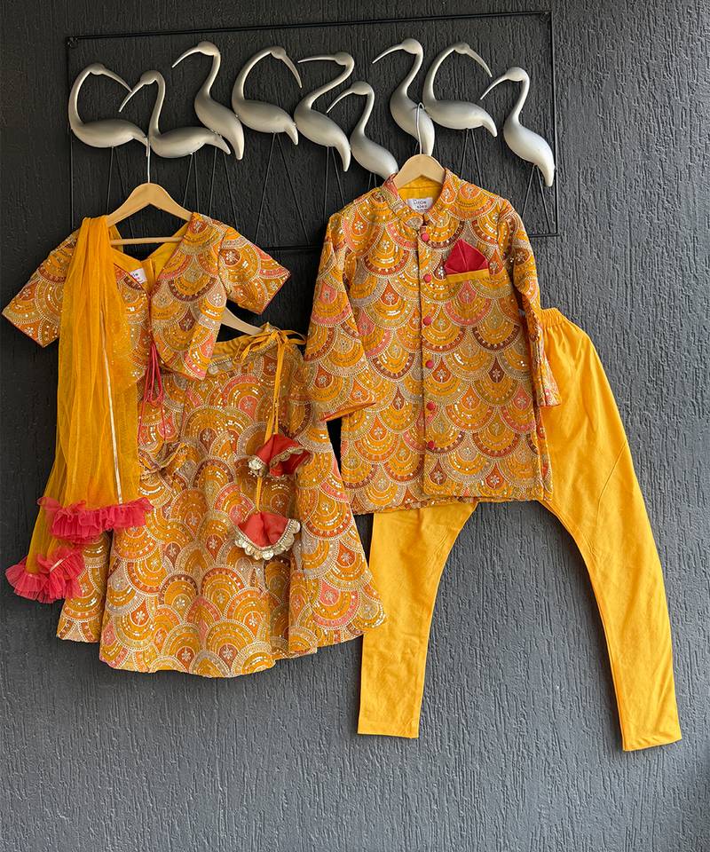 Yellow embroidered cotton silk bandhgala set
