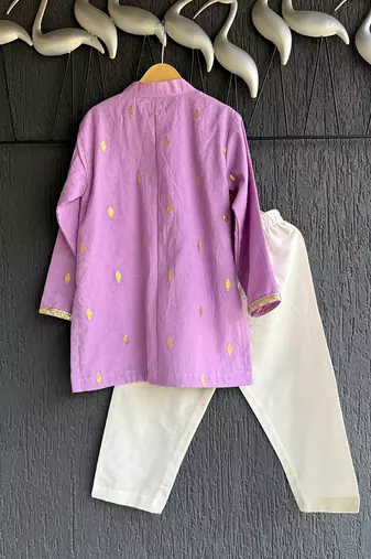 Purple embroidered cotton silk Boy's Kurta Pyjama