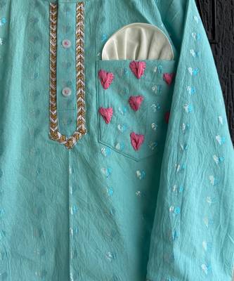 Blue embroidered cotton silk Boy's Kurta Pyjama 2