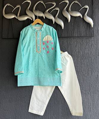 Blue embroidered cotton silk Boy's Kurta Pyjama 1