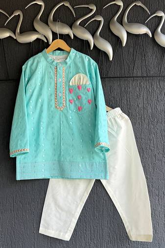 Blue embroidered cotton silk kurta pyjama