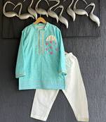 Blue embroidered cotton silk kurta pyjama
