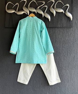 Blue embroidered cotton silk Boy's Kurta Pyjama 5