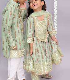 Green printed cotton silk kurta pyjama