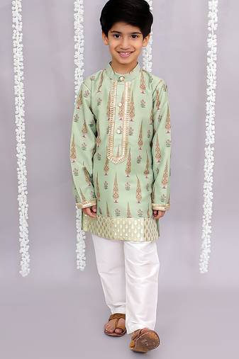 Green printed cotton silk kurta pyjama