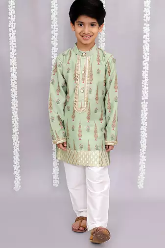 Green printed cotton silk kurta pyjama