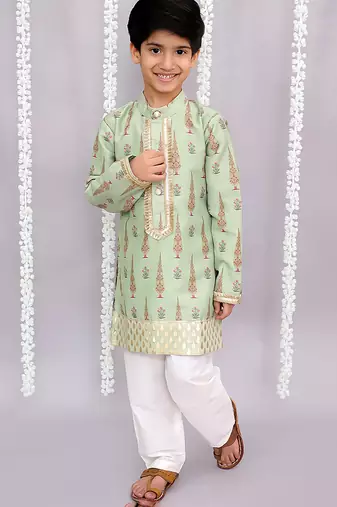 Green printed cotton silk kurta pyjama