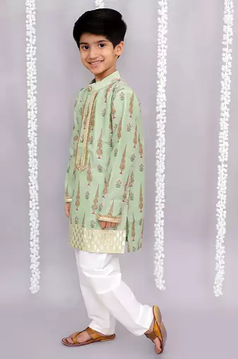 Green printed cotton silk kurta pyjama