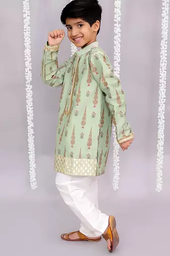 Green printed cotton silk kurta pyjama